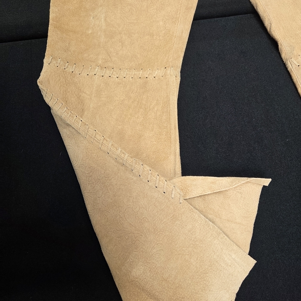 Suede Leather Pants Embossed Size 12 Bell Bottom Flare Leg Long - Picture 2 of 16